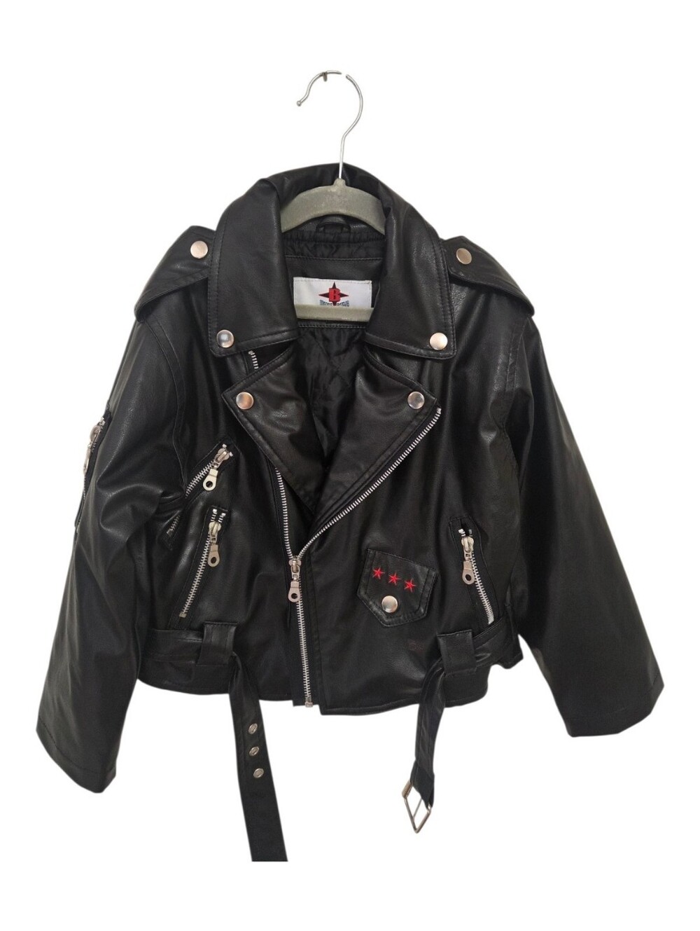 Bike Star Black Faux Leather Kids Biker Jacket With USA Themed Embroidery.